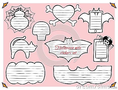 Halloween note stickers set. Bat, spider, cat, skull, heart, phone, pumpkin for your text. Vector Vector Illustration