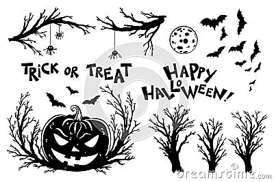 Halloween objects. Scary tree twigs, bats and pumpkin lanterns Vector Illustration