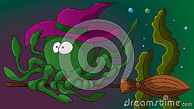 Halloween octopus flying on a broomstick Vector Illustration