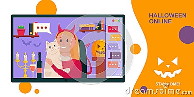 Halloween online party banner. Young woman using video conference service for collective holiday virtual celebration. Vector Illustration