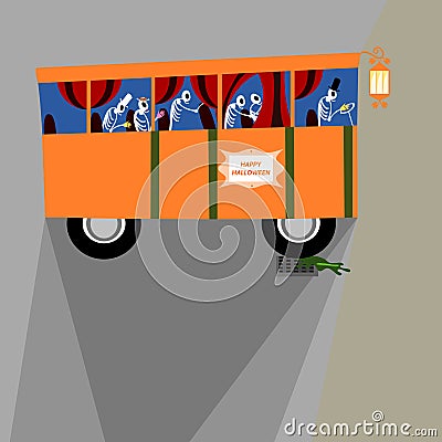 Halloween orange bus with skeletons Vector Illustration