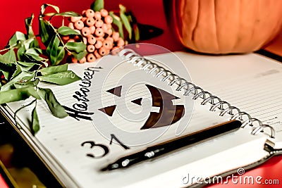 Halloween. orange pumpkin writing pad with painted black Jack. dry foliage dry berries with empty space Stock Photo