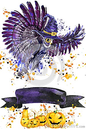 Halloween owl and witch hat. Watercolor illustration background for the holiday Halloween. watercolor splash texture background. Cartoon Illustration