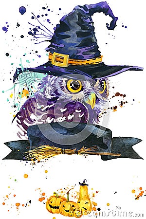 Halloween owl and witch hat. Watercolor illustration background Cartoon Illustration