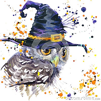 Halloween owl and witch hat. Watercolor illustration background Cartoon Illustration