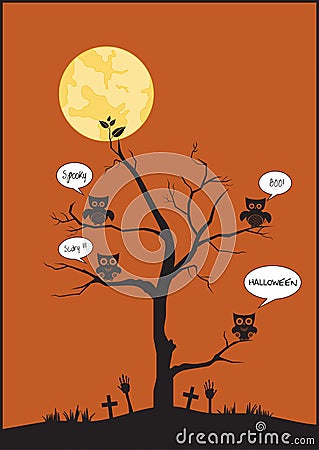 Halloween owls and tree on moon background,Vector illustrations Vector Illustration