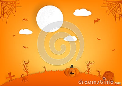 Halloween paper cut, pumpkin, spider and cat cartoon characters with full moon, autumn celebration party abstract background Vector Illustration