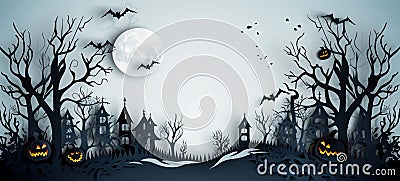 Halloween papercut, halloween scene with ghosts for website, wallpaper, elaborate landscapes Stock Photo