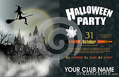 Halloween Party background with gothic castle, flying young witch, ghost and full moon. Vector Vector Illustration