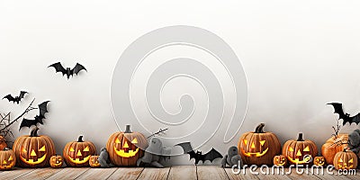 Halloween Party Banner - Pumpkins, Bats Wings, and Candles on White Plank Wood Stock Photo