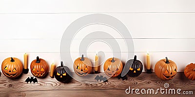 Halloween Party Banner - Pumpkins, Bats Wings, and Candles on White Plank Wood Stock Photo