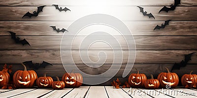 Halloween Party Banner - Pumpkins, Bats Wings, and Candles on White Plank Wood Stock Photo