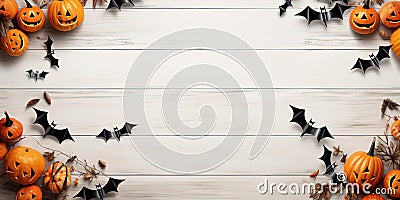 Halloween Party Banner - Pumpkins, Bats Wings, and Candles on White Plank Wood Stock Photo