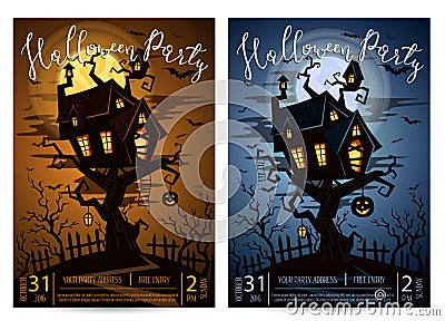 Halloween party banner set with spooky castle Vector Illustration