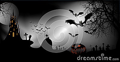 Halloween party banner, spooky dark background, silhouettes of characters and scary bats with gothic haunted castle, horror theme Vector Illustration
