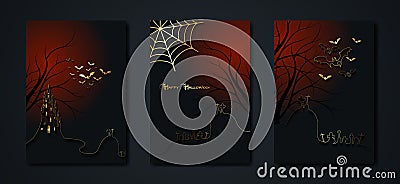 Halloween party banner, spooky dark red background, silhouettes of characters and scary bats with gothic haunted castle, horror Vector Illustration