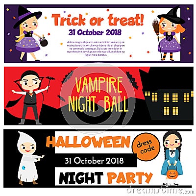 Halloween party banners. Invitations, advertisements with happy children having fun Vector Illustration