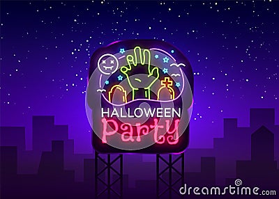 Halloween Party Billboard design template vector. Halloween greeting card, Light banner, neon style, night bright Vector Illustration