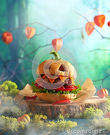 Halloween party burger in shape of scary pumpkin on natural wooden board. Halloween food concept Stock Photo