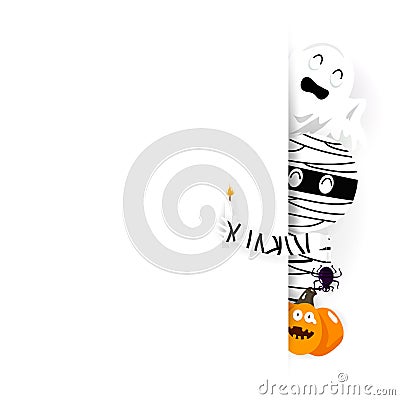 Halloween card, happy celebrate mummy, spooky, spider and pumpkin cute cartoon character for kids background vector illustration Vector Illustration