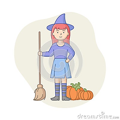 Halloween Party Celebration Concept. Woman Disguised To Evil Character, Witch Or Vampire On Carnival. Girl Celebrates Vector Illustration