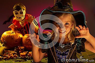 Halloween party with children wearing costumes Stock Photo