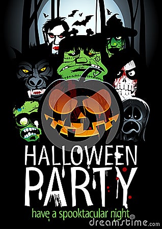 Halloween party design with pumpkin, zombie, werewolf, death, witch, vampire. Vector Illustration