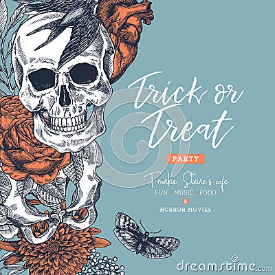 Halloween party design template. Vintage floral anatomy background. Vector illustration Vector Illustration