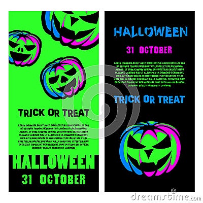 Halloween party flyer set. Halloween Night Party Poster with Green Neon Pumpkin Lantern. Vector Illustration
