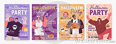 Halloween party flyers set. October holiday ad posters backgrounds. Promotion cards templates, vertical promo banners Vector Illustration