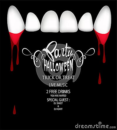 Halloween party invitation card with vampire teeth and blood Vector Illustration