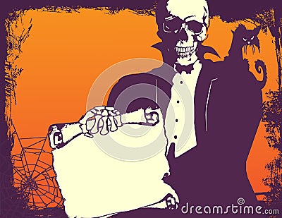 Halloween Party Invitation Skeleton Orange Purple Spooky Art Stock Photo