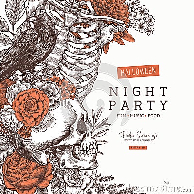 Halloween party invitation. Vintage floral anatomy background. Vector illustration Vector Illustration