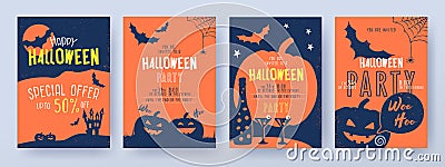 Halloween Party invitations, greeting cards, or posters Set with calligraphy and traditional symbols Vector Illustration