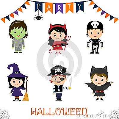 Halloween party kids character set. Children in a colorful Halloween costumes zombie, devil, skeleton, witch, broom, pirate, saber Vector Illustration