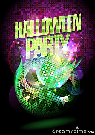 Halloween party poster with burning spooky disco ball Vector Illustration