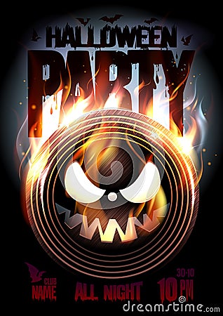 Halloween party poster, burning vinyl spooky Vector Illustration