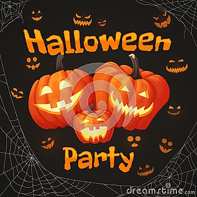 Halloween party poster with three smiling pumpkins and glowing f Vector Illustration