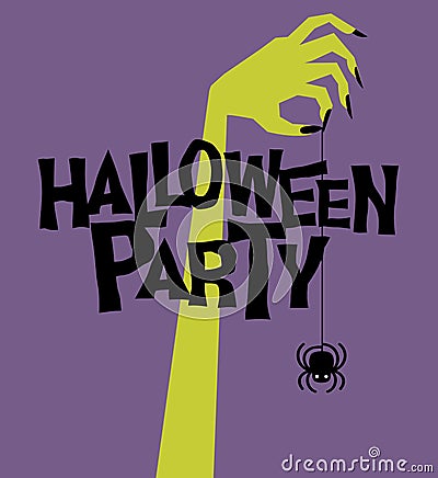 Halloween Party. Retro zombie hand holding creepy swinging spider. Vector Illustration