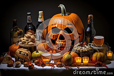 Halloween party table and decoration. foods and drinks. Stock Photo