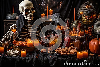 Halloween party table with food and drink. Stock Photo