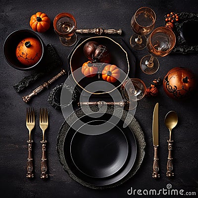 Halloween party table setting flat lay in black Generative AI Stock Photo