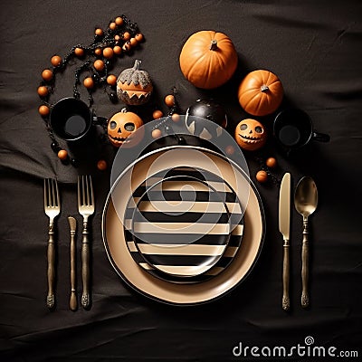 Halloween party table setting flat lay in black Generative AI Stock Photo