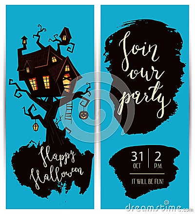 Halloween party vertical flyers with spooky castle Vector Illustration