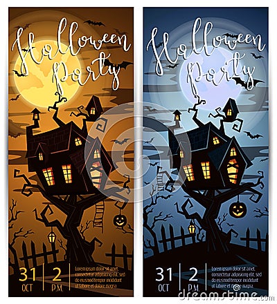 Halloween party vertical flyers with spooky castle Vector Illustration