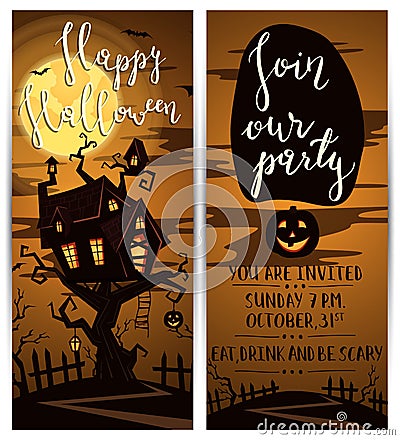 Halloween party vertical flyers with spooky castle Vector Illustration