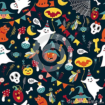 Halloween pattern with cute ghost, pumpkin, spider on web. Seamless with funny skull, witch on hat, cat with glasses Vector Illustration