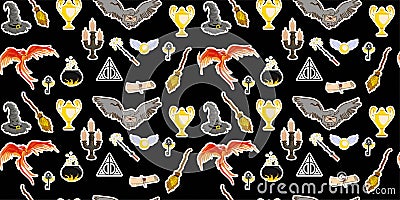 Halloween pattern. Magic items for Halloween. Magic and witchcraft. Hogwarts school of magic. Harry Potter. pattern for teens Vector Illustration