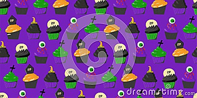 Halloween pattern. Muffins and cupcakes. Scary and terrible pattern. Background for Halloween. Textile and wrapping paper design Vector Illustration