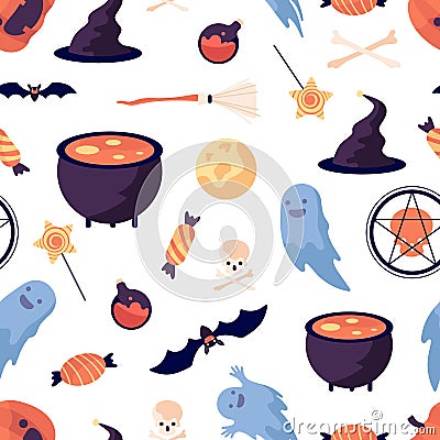 Halloween pattern. Pumpkin bat witch broomstick and hat. Party elements print, trick or threat vector seamless texture Vector Illustration